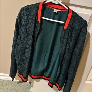 Twik Dark Green Lace Bomber Jacket with Red Trim